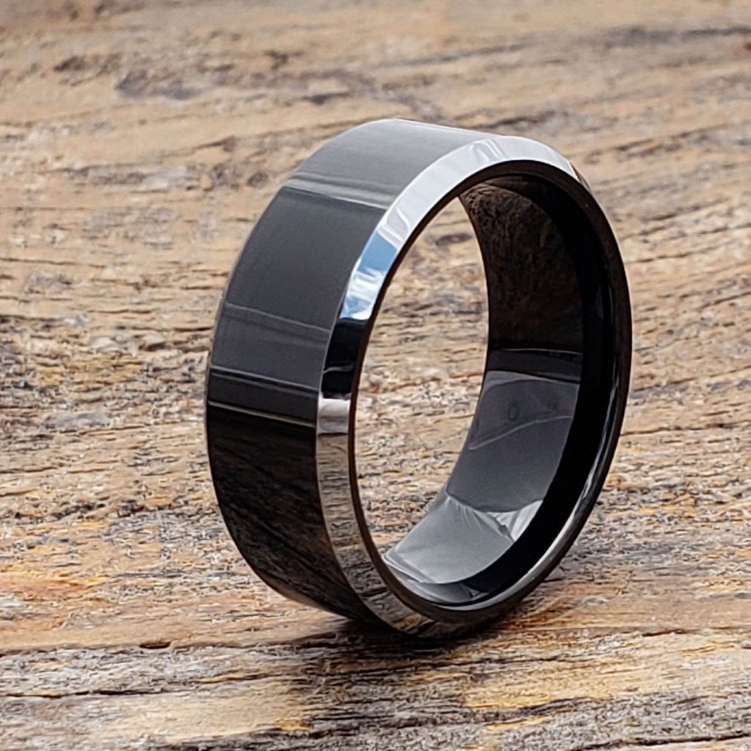 Kana Silver Beveled Edges Black Tungsten Rings - Forever Metals